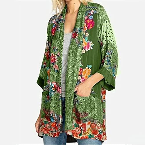 3/4 de manga Cardigans longos para mulheres Tribal Tribal Impresso Kimono Concobrar casaco de outono leve com bolsos