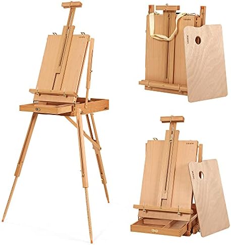 Viswin French Easel, Hold Canvas de até 34 , Beech Wood Adulstable dobrável Studio & Field SketchBox Caval