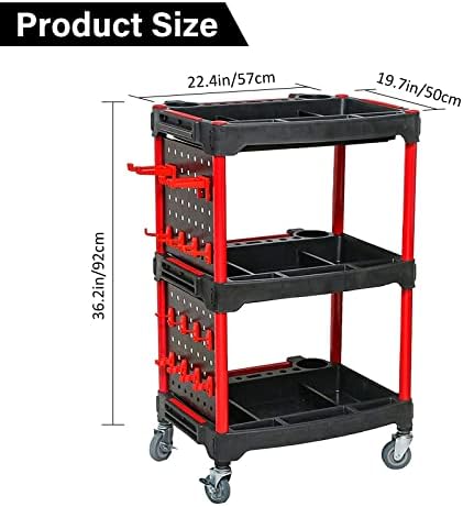 440lb Rolling Utility Tool Cart Organizer, carrinho de lavagem de carros de 3 camadas com placa e ganchos de pendura lateral, mecânicos