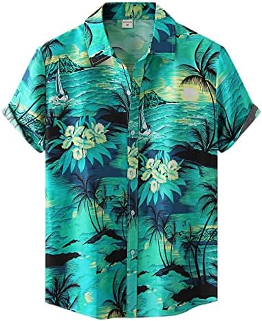 Traje de estampa de praia do Havaí, masculino de manga curta, shorts de bolso de camisa de colar