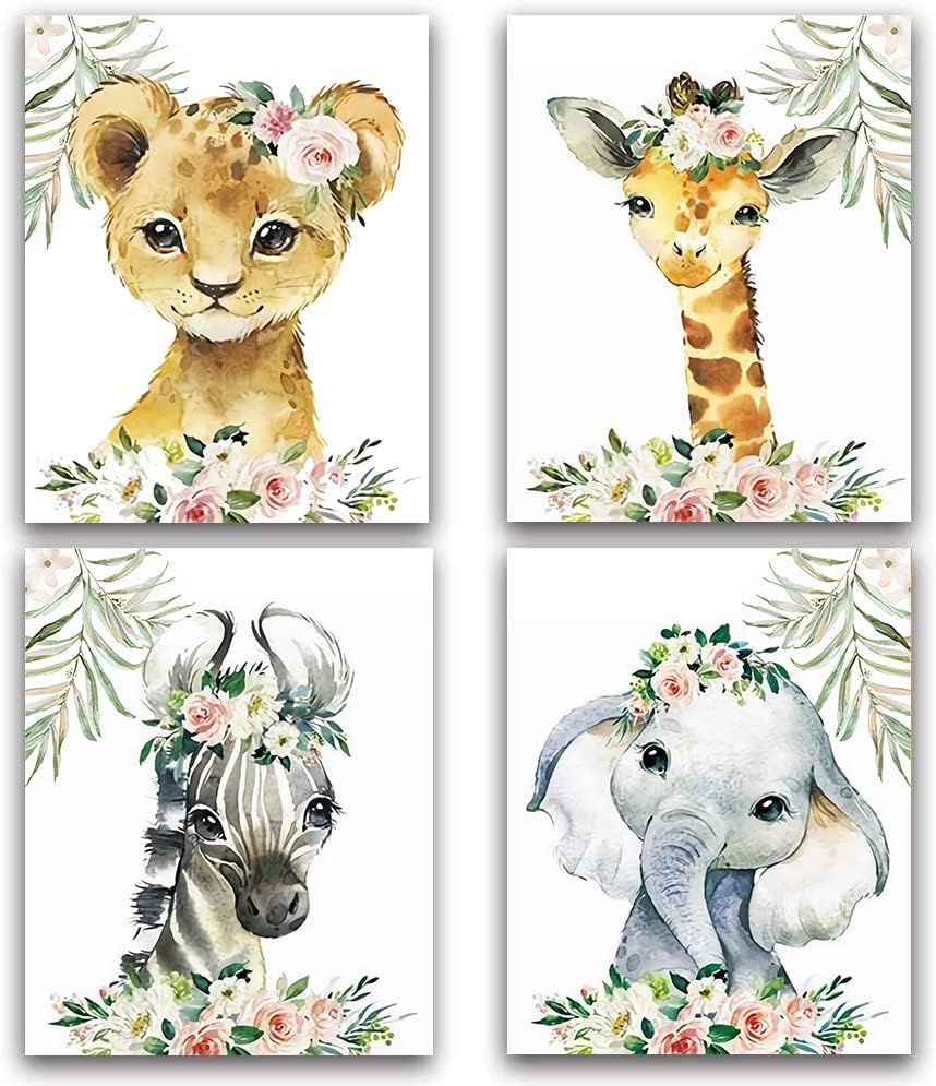 Pictures de animais Arte da parede ， Elefante Flor Woodland Crown Animais Arte Adorável Impressão de arte de 4 - sem moldura