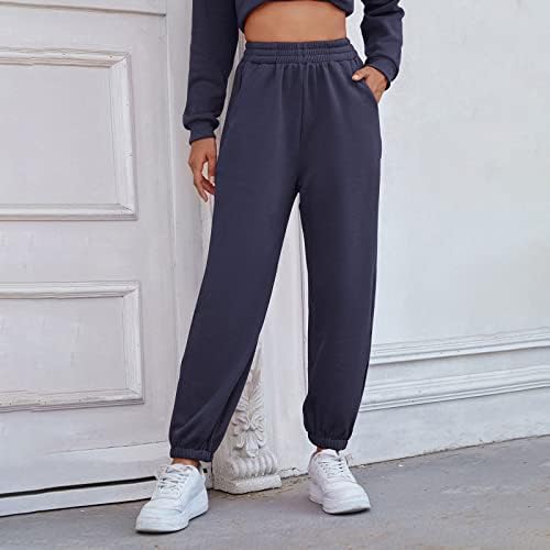 Calça de moletom para feminino, calça elástica da cintura calça de cintura alta calça calça de calça lisa com bolsos