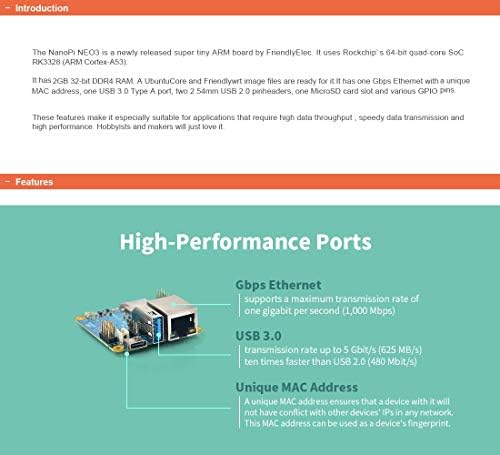 Waypondev Nanopi Neo3 Tiny Arm Single Board Computador com Ethernet de 32 bits DDR4 2GB RAM USB3.0 Gbps baseado no rockchip rk3328