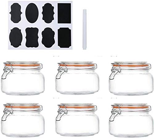 Encheng 16 oz frascos de vidro com tampas herméticas e junta de borracha à prova de vazamentos, frascos de pedreiro largo com tampas articuladas para cozinha, recipientes de armazenamento de vidro 6 pacote