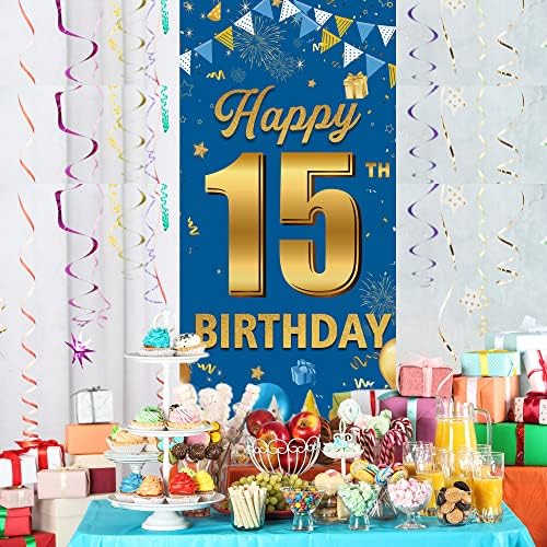 Decorações de faixas de porta de 15 anos, felizes decorações de 15 anos para meninos meninas, ouro azul 15th aniversário cenário,