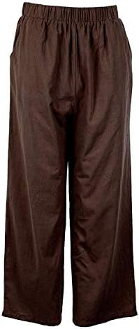 Calça de linho de algodão casual feminina calça folgada cintura elástica Relax Fit Lanters Troushers Wide perna as calças folgadas com