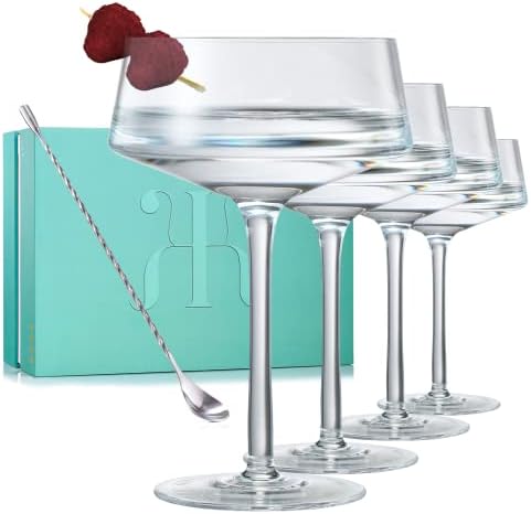 Conjunto de vidro de Martini de 4 | 10 oz | Crystal Luxury Martini com colher de prata, soprado à mão premium | Coquetel clássico