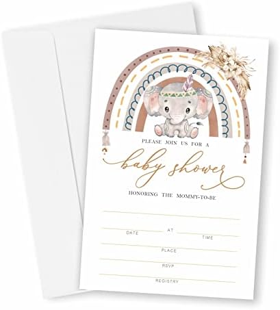 Cartões de convite para chá de bebê com envelopes, elefante boho arco -íris gênero de gênero Revelar suprimentos de