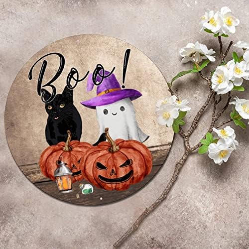 Round Metal Tin Sign Halloween Boo Cats and Ghosts Halloween Wreath Sign Prints Metal Art Print Funny Home Pub Placa Plaqu