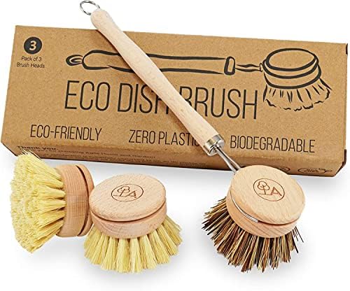 Escova de prato ecológica com alça - escovas de cozinha ecológicas para pratos - pincel de limpeza de pratos com 3 cabeças